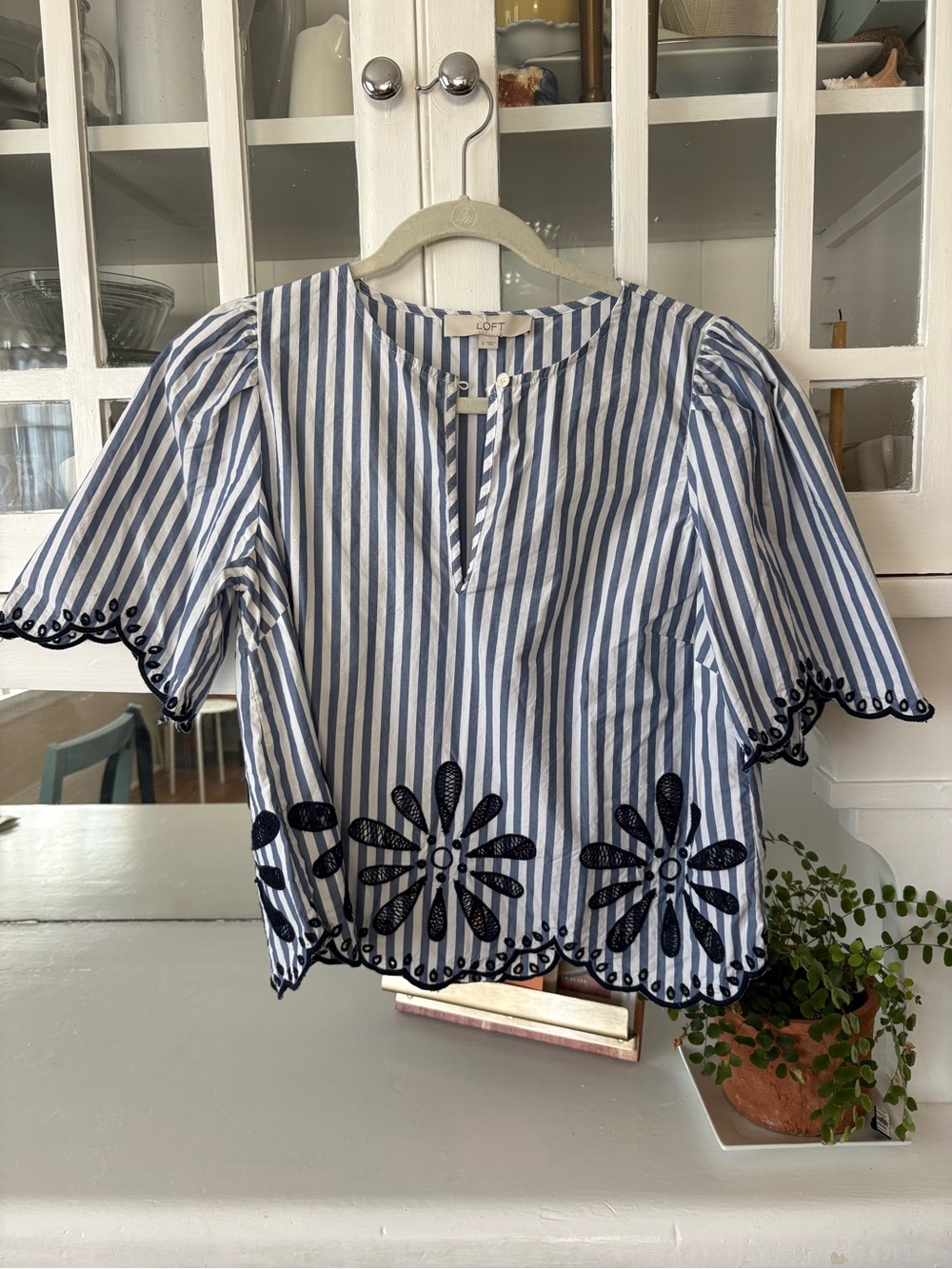 LOFT Navy and White Striped Embroidered Peasant Blouse
